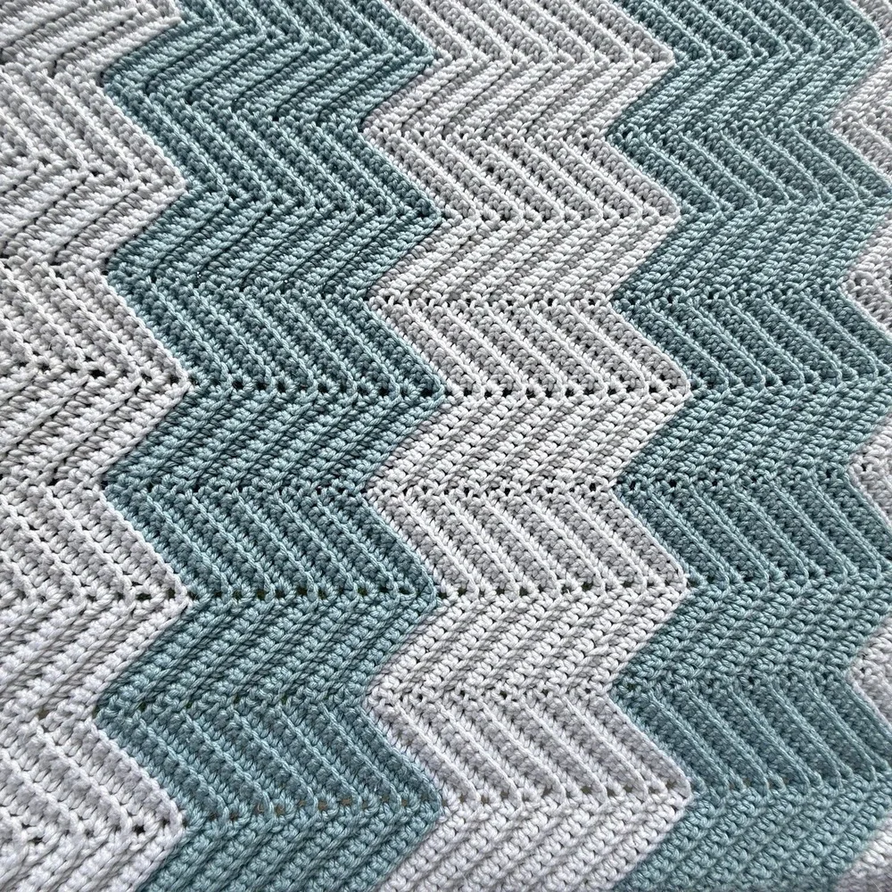 Handmade Crochet Chevron Ripple Afghan 59.5x36.25 Light Blue White Throw Blanket